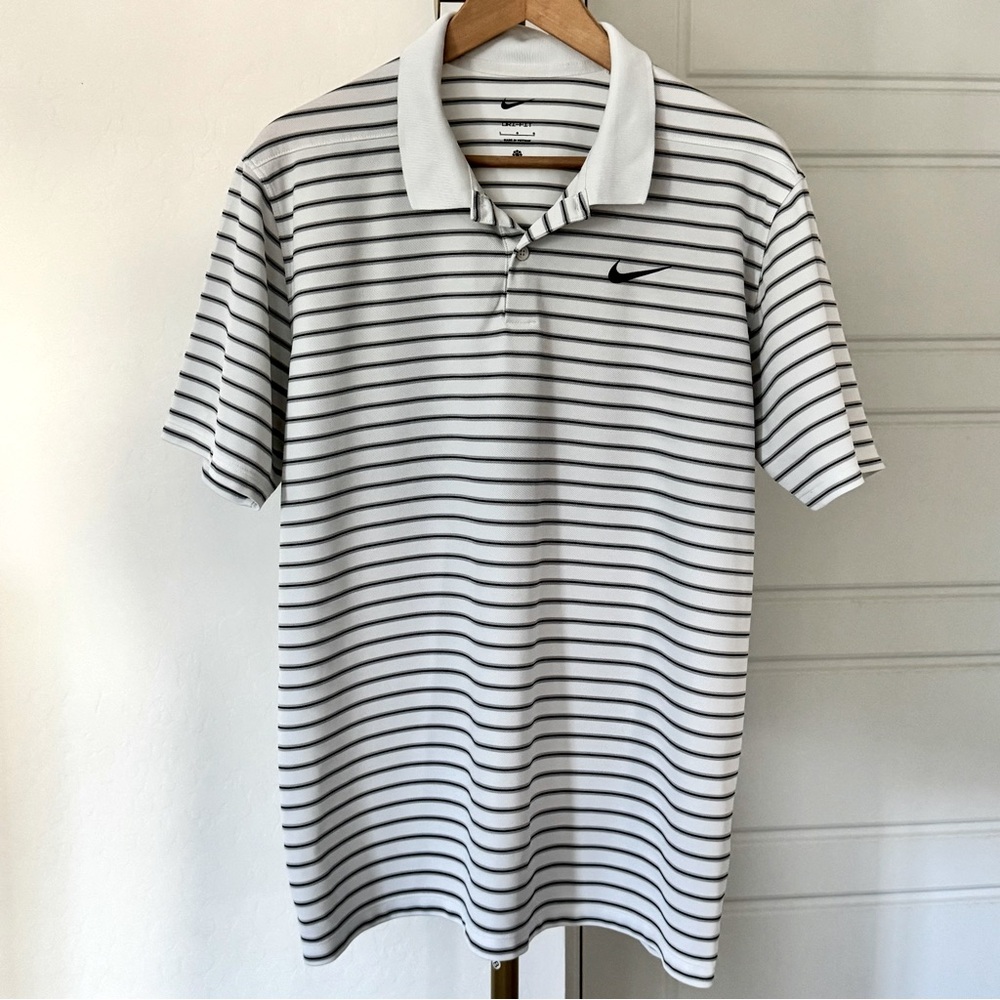 Dri Fit Blokecore Varsity Men's Black White Gray Stripes Golf Polo Shirt Size L